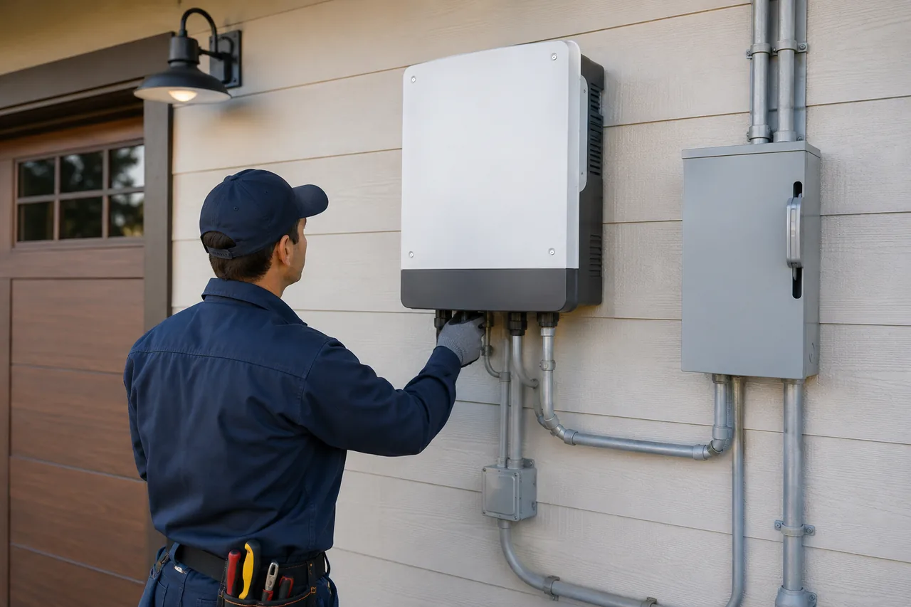 Technician inspecting solar electrical equipment and exterior disconnects