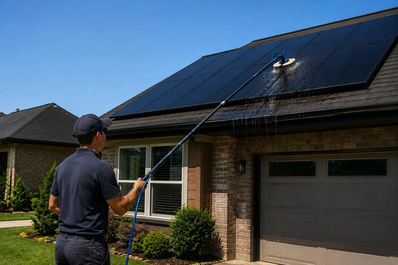 Solar panels being cleaned with a soft water-fed brush on a residential roof