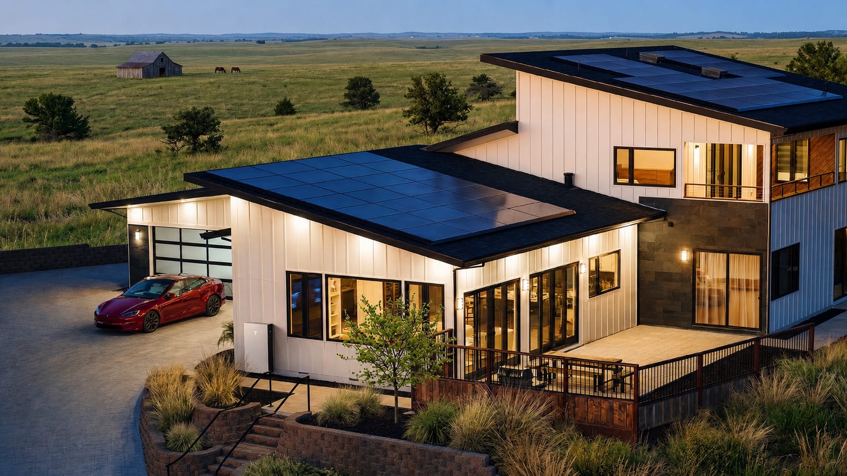 Modern Oklahoma farmhouse with rooftop solar panels at dusk